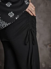 ROMWE Goth Solid Ruffle Trim Flare Leg Pants - Black - View 5