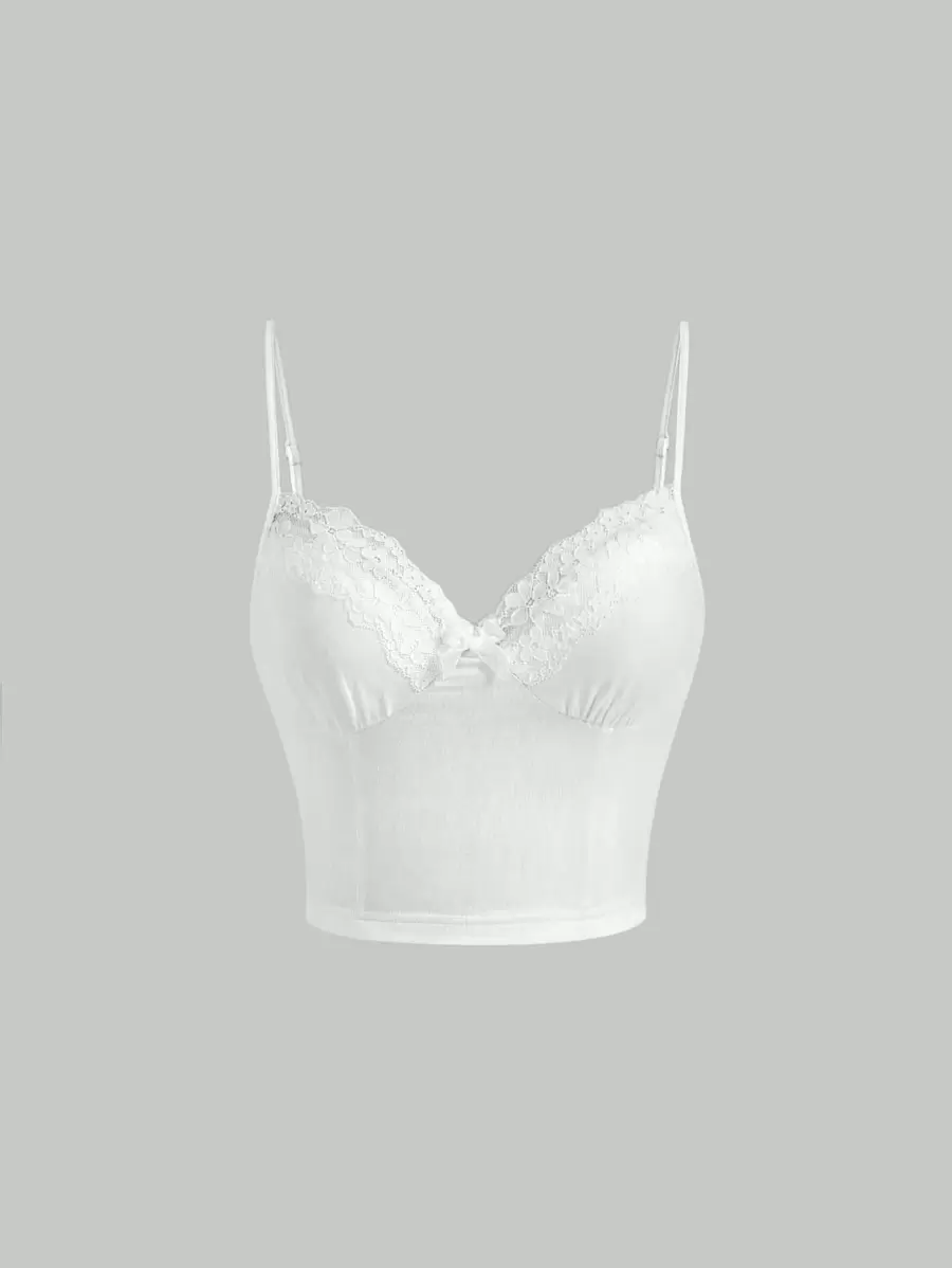 SHEIN MOD Áo Cami Ren Ôm Vừa Màu Trắng Tương Phản - trắng - Xem 1