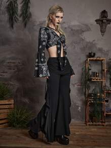 ROMWE Goth Solid Ruffle Trim Flare Leg Pants - Black - View 6