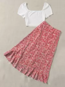 Soleia Square Neck Tee & Ditsy Floral Print Knot Side Ruffle Hem Skirt - Red and White - View 2
