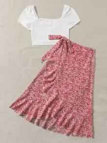 Soleia Square Neck Tee & Ditsy Floral Print Knot Side Ruffle Hem Skirt - Red and White - View 3