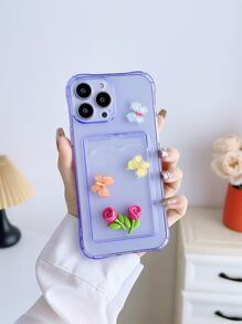Purple 4-Sides Anti-Fall Case With Card Holder, 3d Rose & Transparent Butterfly Print For Phone - Purple - View 1