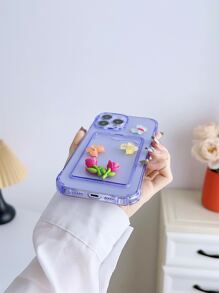 Purple 4-Sides Anti-Fall Case With Card Holder, 3d Rose & Transparent Butterfly Print For Phone - Purple - View 2
