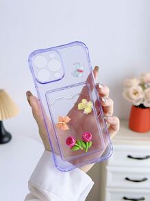 Purple 4-Sides Anti-Fall Case With Card Holder, 3d Rose & Transparent Butterfly Print For Phone - Purple - View 3