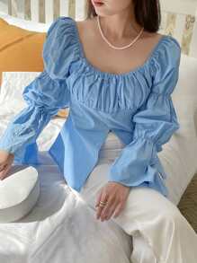 DAZY Blusa con busto fruncido y bajo con abertura, volantes, prenda de otoño con manga larga - Azul - Ver 1