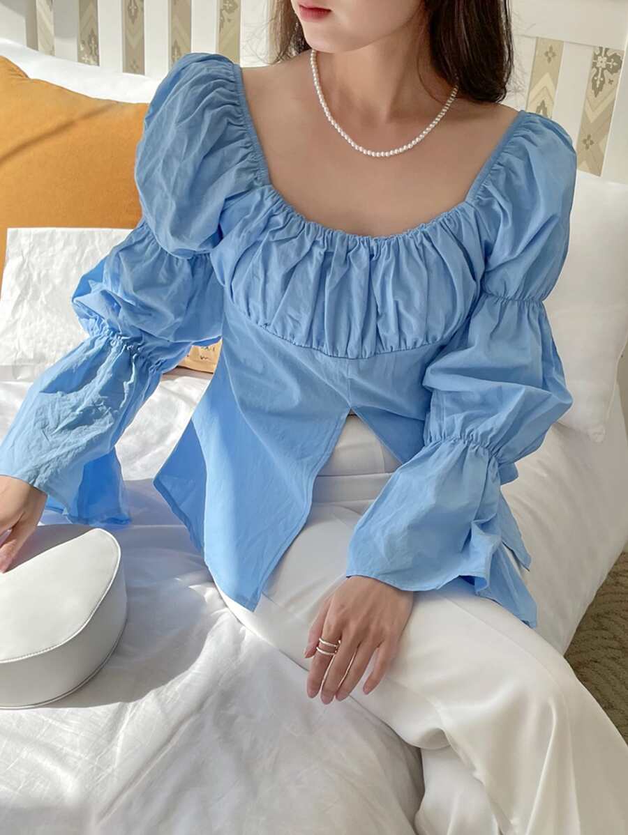 DAZY Blusa con busto fruncido y bajo con abertura, volantes, prenda de otoño con manga larga - Azul - Ver 1