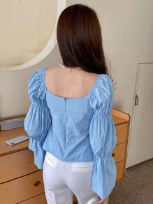 DAZY Blusa con busto fruncido y bajo con abertura, volantes, prenda de otoño con manga larga - Azul - Ver 2