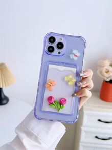Purple 4-Sides Anti-Fall Case With Card Holder, 3d Rose & Transparent Butterfly Print For Phone - Purple - View 4