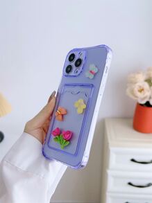 Purple 4-Sides Anti-Fall Case With Card Holder, 3d Rose & Transparent Butterfly Print For Phone - Purple - View 5