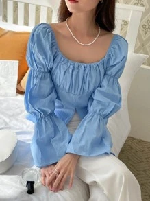 DAZY Blusa con busto fruncido y bajo con abertura, volantes, prenda de otoño con manga larga - Azul - Ver 4