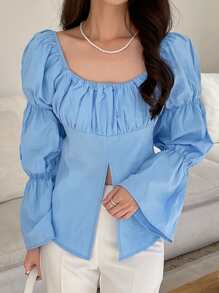 DAZY Blusa con busto fruncido y bajo con abertura, volantes, prenda de otoño con manga larga - Azul - Ver 5