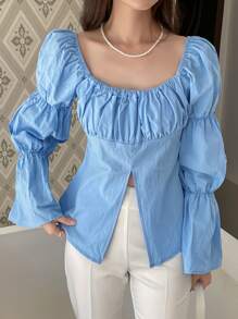 DAZY Blusa con busto fruncido y bajo con abertura, volantes, prenda de otoño con manga larga - Azul - Ver 7