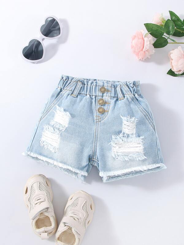 Baby Girl Ripped Raw Cut Ripped Raw Hem Paperbag Waist Denim Shorts