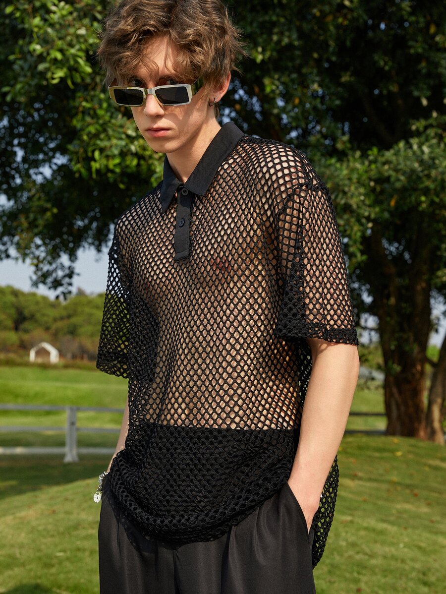 Manfinity Fever City Men Hollow Out Polo Shirt - Black - View 1