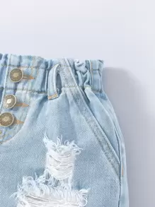 Baby Girl Ripped Raw Cut Ripped Raw Hem Paperbag Waist Denim Shorts