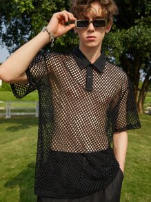 Manfinity Fever City Men Hollow Out Polo Shirt - Black - View 3