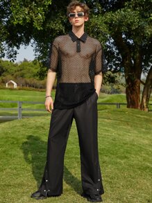 Manfinity Fever City Men Hollow Out Polo Shirt - Black - View 4