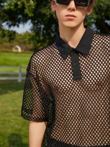 Manfinity Fever City Men Hollow Out Polo Shirt - Black - View 6