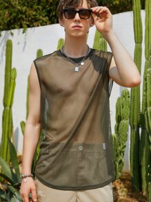 Manfinity Fever City 男士素色網紗背心上衣 - 軍綠色 - 查看 1