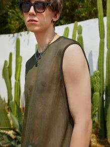 Manfinity Fever City 男士素色網紗背心上衣 - 軍綠色 - 查看 5