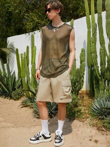 Manfinity Fever City 男士素色網紗背心上衣 - 軍綠色 - 查看 6