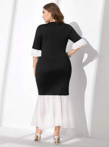 Modelyn Vestido de dos tonos ribete con fruncido de manga con volante sin cinturón - Blanco y Negro - Ver 2