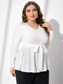 Mulvari Plus Solid Belted Peplum Top - White - View 3