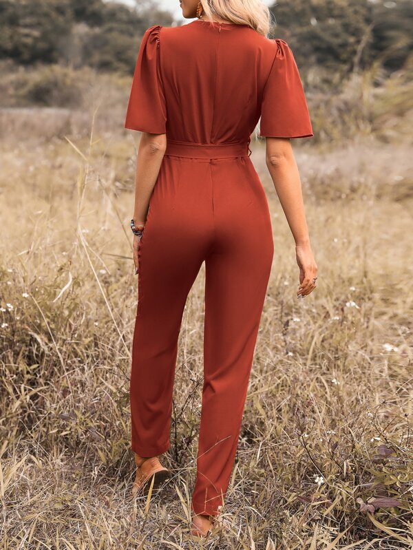SHEIN LUNE Solid Puff Sleeve Belted Jumpsuit SHEIN UK
