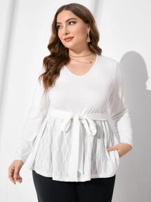 Mulvari Plus Solid Belted Peplum Top - White - View 1