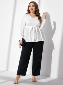 Mulvari Plus Solid Belted Peplum Top - White - View 4