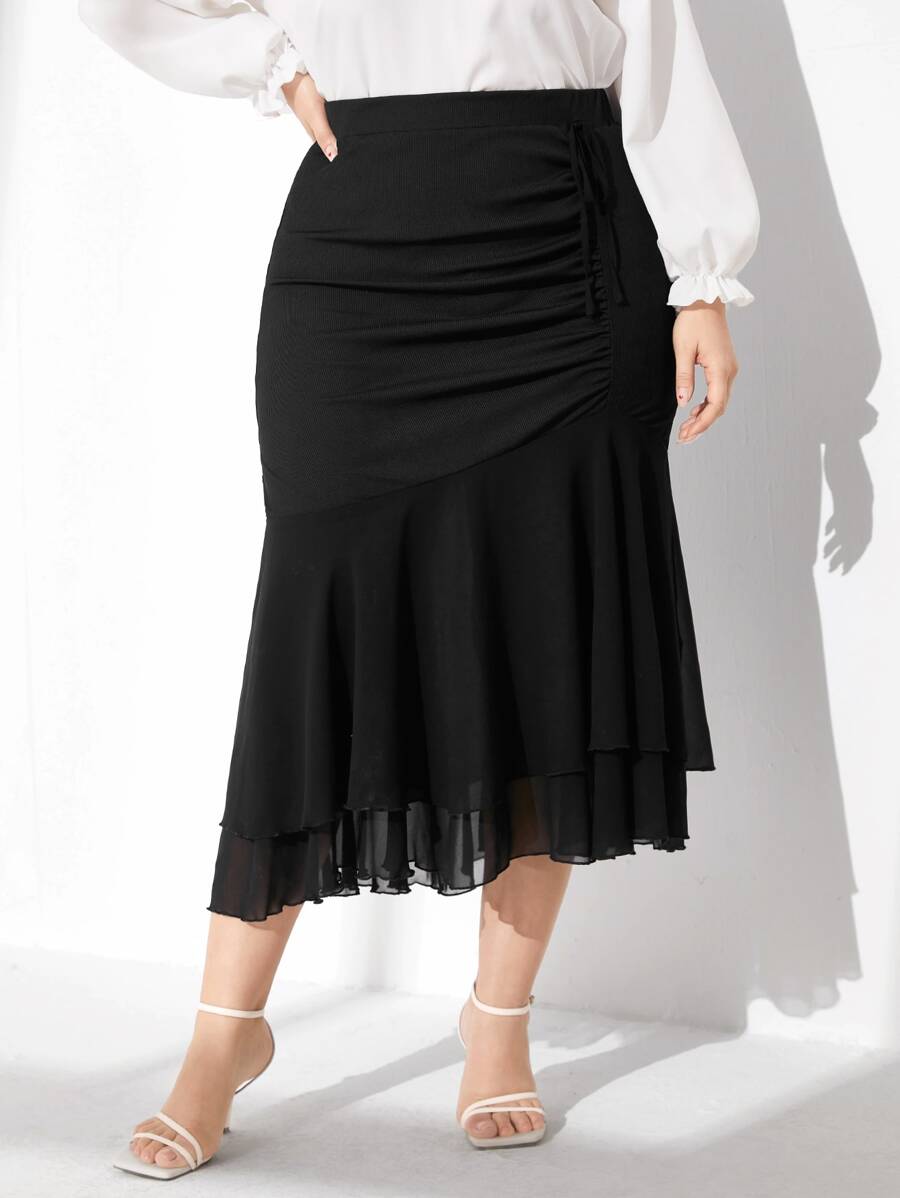Modelyn Váy Plus Size Xù Viên lá sen màu trơn Thanh lịch - màu đen - Xem 1