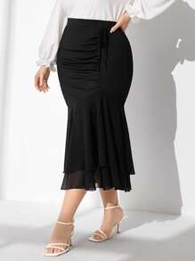 Modelyn Váy Plus Size Xù Viên lá sen màu trơn Thanh lịch - màu đen - Xem 3