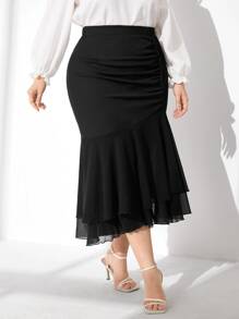 Modelyn Váy Plus Size Xù Viên lá sen màu trơn Thanh lịch - màu đen - Xem 4