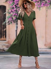 SHEIN VCAY 素色前紐扣A字連衣裙 - 軍綠色 - 查看 1