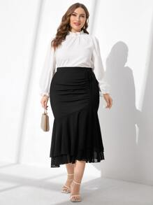 Modelyn Váy Plus Size Xù Viên lá sen màu trơn Thanh lịch - màu đen - Xem 5