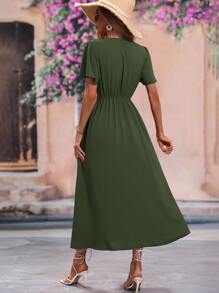 SHEIN VCAY 素色前紐扣A字連衣裙 - 軍綠色 - 查看 2