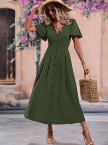 SHEIN VCAY 素色前紐扣A字連衣裙 - 軍綠色 - 查看 4