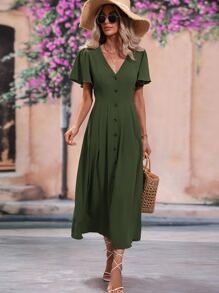 SHEIN VCAY 素色前紐扣A字連衣裙 - 軍綠色 - 查看 5