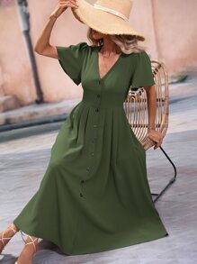 SHEIN VCAY 素色前紐扣A字連衣裙 - 軍綠色 - 查看 6