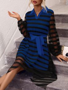 SHEIN Clasi Striped Print Belted Asymmetrical Hem Dress - Blue - View 4