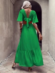 SHEIN VCAY 深V領鏤空高衩荷葉邊連衣裙 - 綠色 - 查看 2