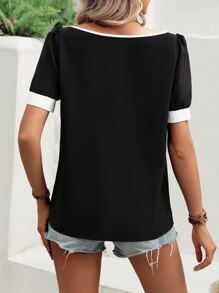 SHEIN LUNE 撞色滾邊船領泡泡袖襯衫 - 黑色 - 查看 2