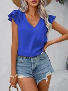 SHEIN Clasi 素色荷葉邊V領襯衫 - 寶藍色 - 查看 1