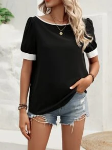 SHEIN LUNE 撞色滾邊船領泡泡袖襯衫 - 黑色 - 查看 3