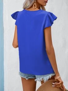 SHEIN Clasi 素色荷葉邊V領襯衫 - 寶藍色 - 查看 2