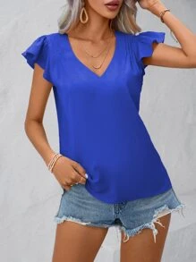 SHEIN Clasi 素色荷葉邊V領襯衫 - 寶藍色 - 查看 3