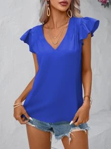 SHEIN Clasi 素色荷葉邊V領襯衫 - 寶藍色 - 查看 5