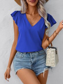 SHEIN Clasi 素色荷葉邊V領襯衫 - 寶藍色 - 查看 6