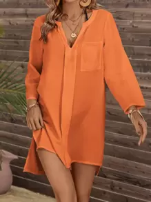 EMERY ROSE 捲邊袖口袋貼布罩衫連衣裙 - 橘色 - 查看 6