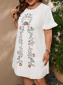 SHEIN VCAY Plus Floral Embroidery Flounce Sleeve Dress - White - View 3